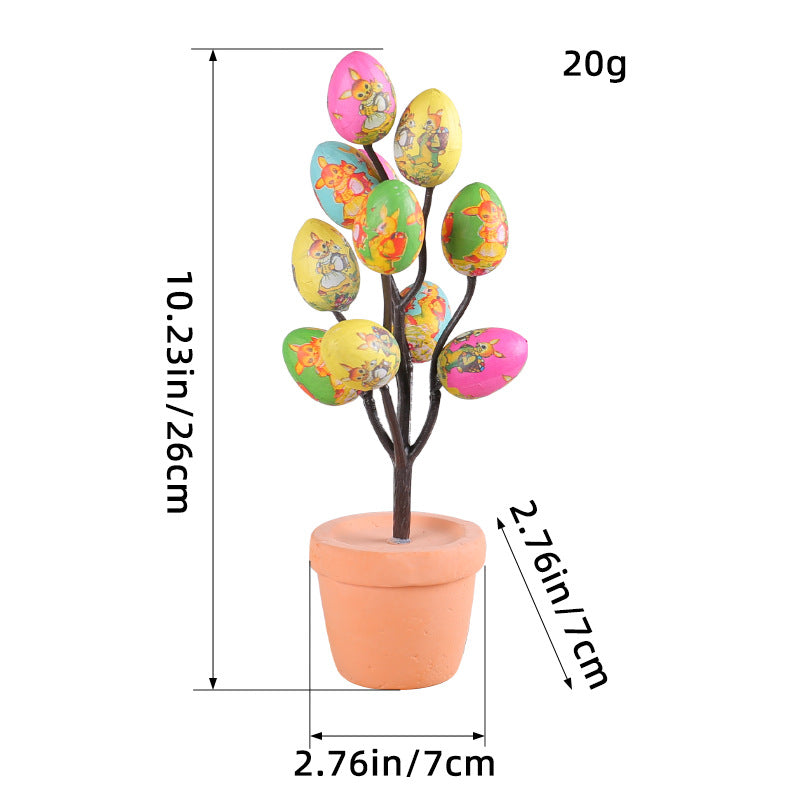Bunny-themed Easter egg tree with measurement details featuring playful rabbit prints on pastel eggs for festive home decor.
