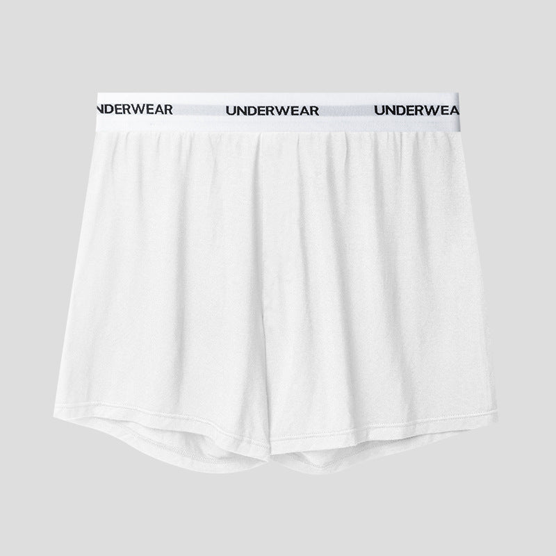 White boxer short with white elastic waistband displaying 'UNDERWEAR' text against light gray background