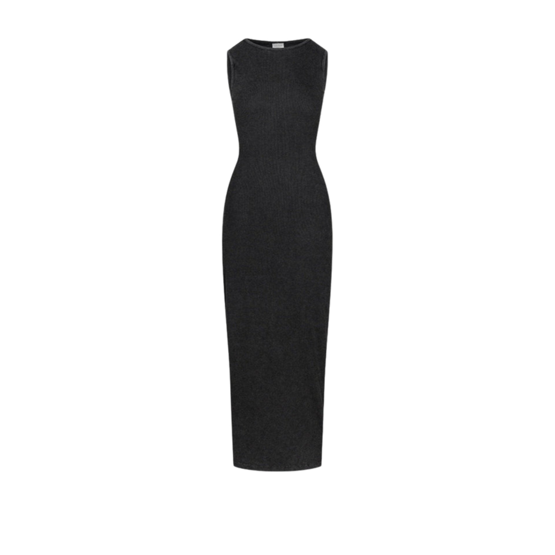 Black ribbed sleeveless bodycon maxi dress with a high neckline and figure-hugging fit, displayed on a neutral background.
