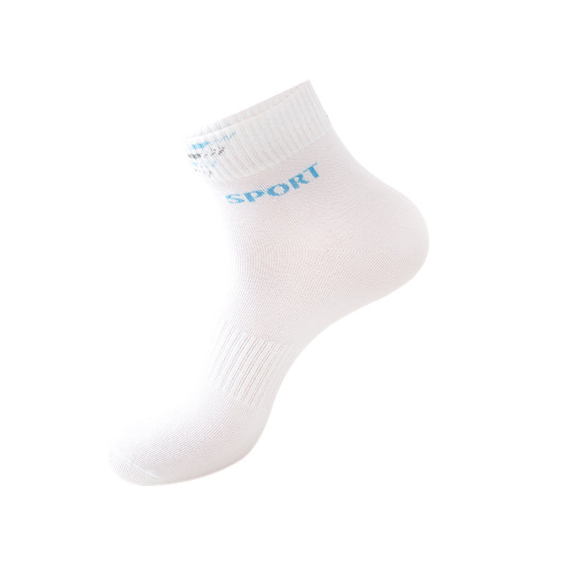 White ankle sock with blue "SPORT" branding, displayed on an invisible foot form