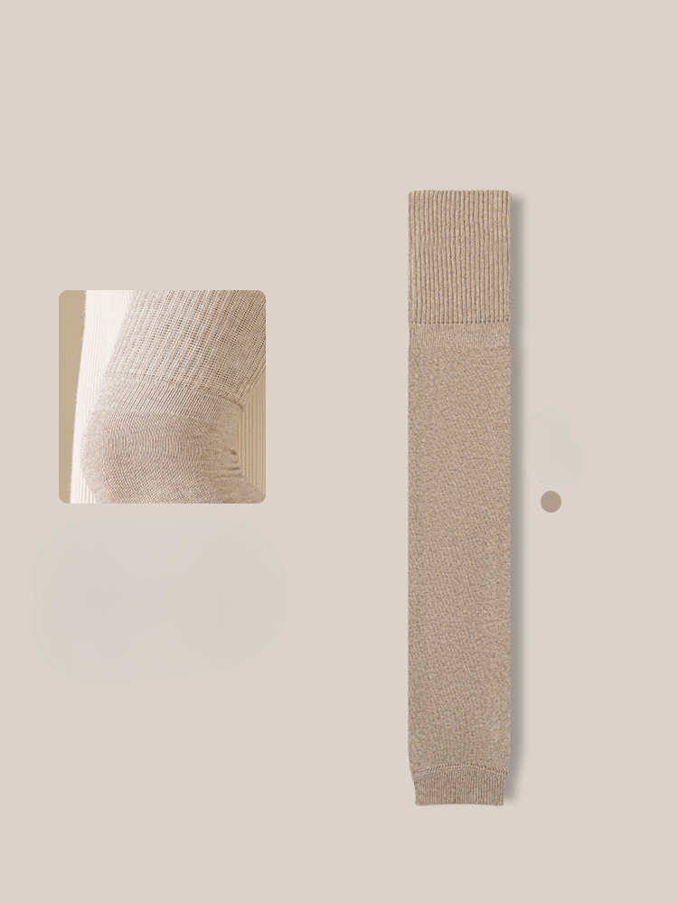 Beige leg warmer with knit texture detail and fabric swatch