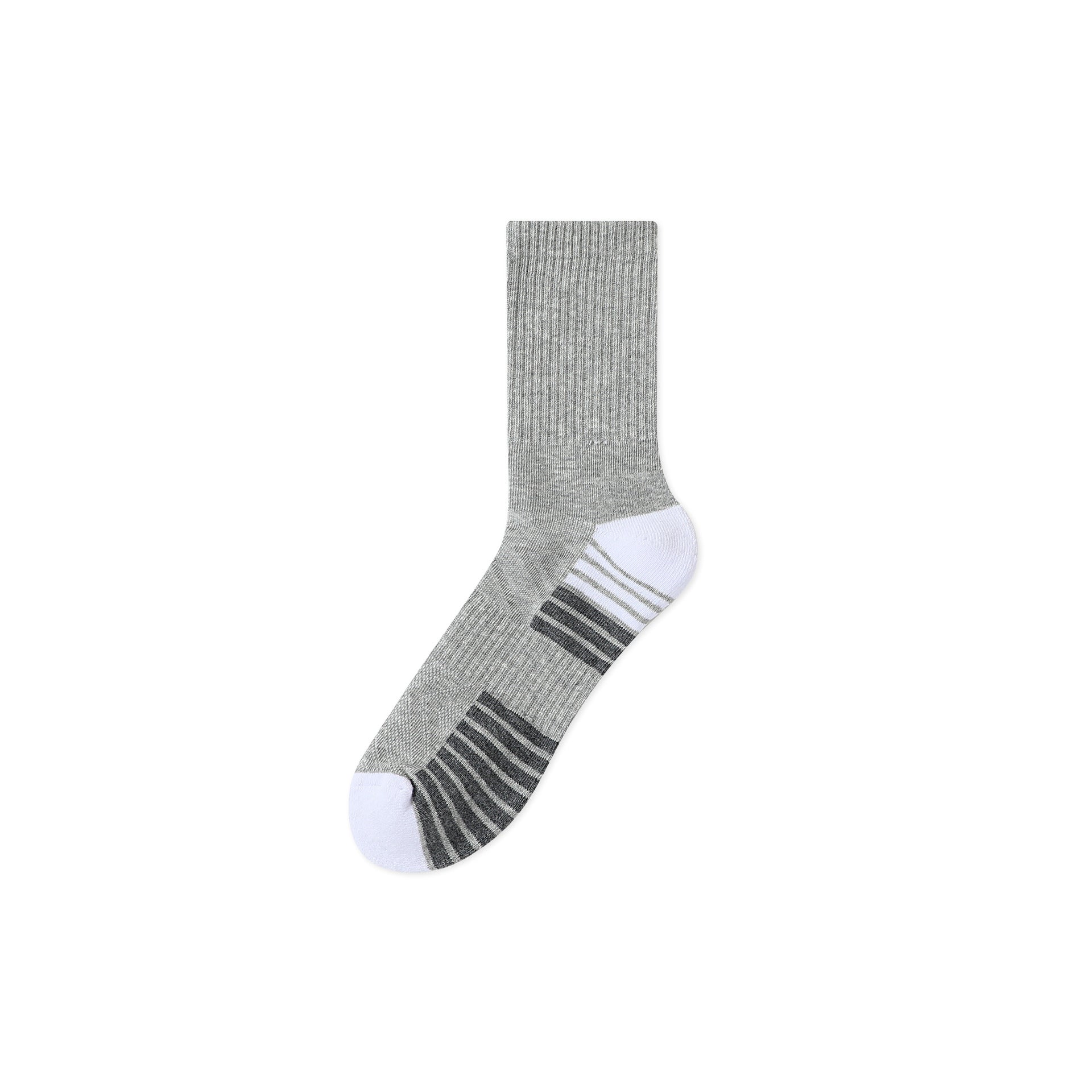 Gray athletic sock with white heel and toe panels, featuring breathable ribbed texture and support stripes