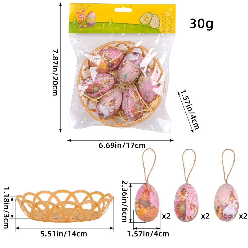 Pastel-colored Easter egg ornaments with bunny prints, packaged in a set with a woven basket for festive decorating.