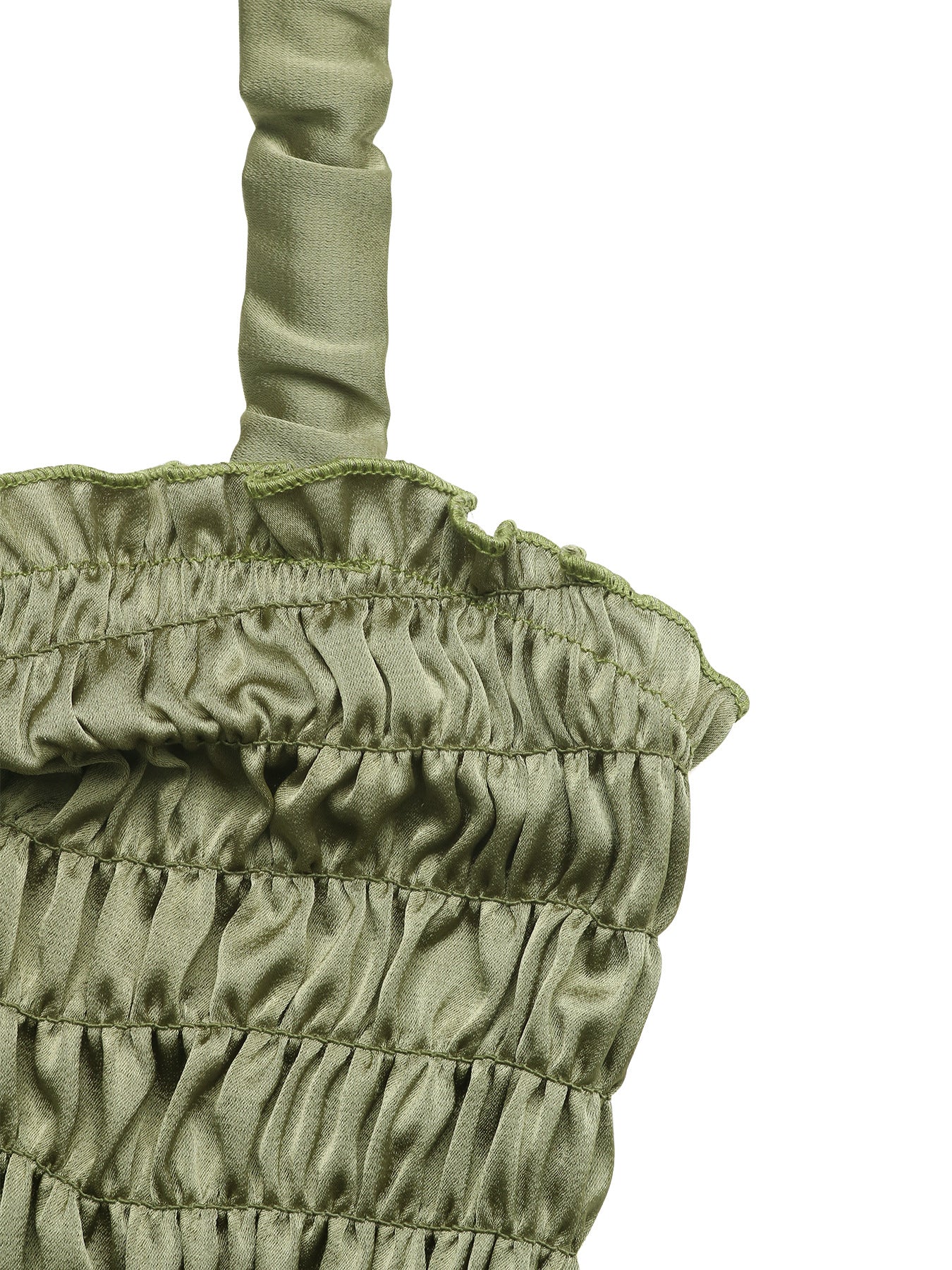 Close-up of bust ruching and neckline ruffle trim