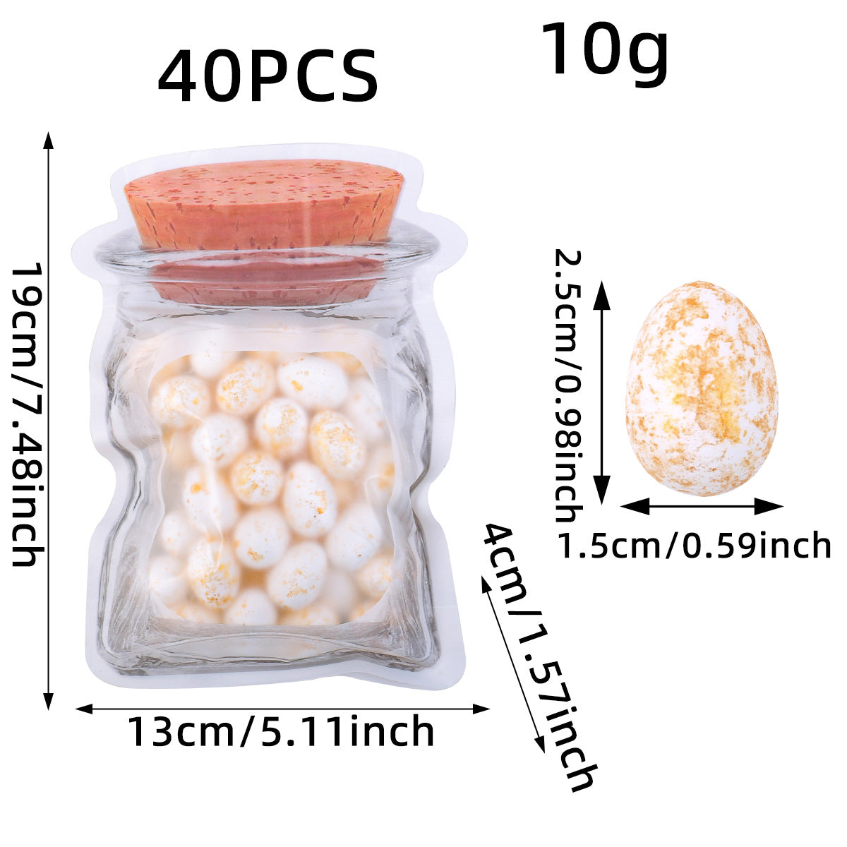 A transparent jar-shaped bag filled with white eggs featuring golden speckles. Dimensions: 19cm/7.48in height, 13cm/5.11in width, 4cm/1.57in depth. Eggs: 2.5cm/0.98in x 1.5cm/0.59in.