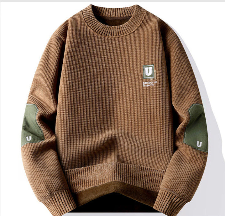 Brown ribbed sweater with olive elbow patches and U logo patch