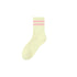 Pale yellow crew sock with pink double stripes, fluffy comfortable material