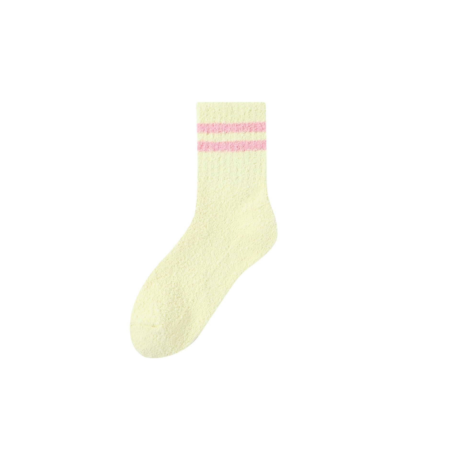 Pale yellow crew sock with pink double stripes, fluffy comfortable material