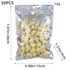 A clear ziplock bag filled with 50 speckled yellow mini eggs, with packaging dimensions and weight marked.