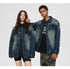 Distressed denim jacket product photo with two models wearing matching oversized jackets against white background