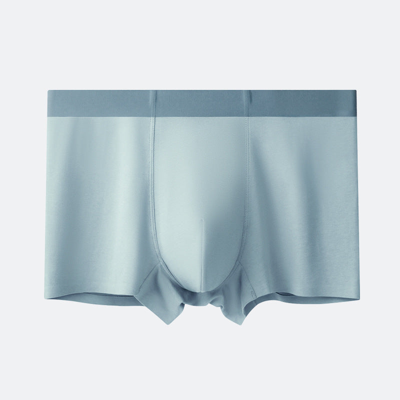 Pale blue men's boxer briefs with centered pouch, smooth fabric, and darker blue waistband