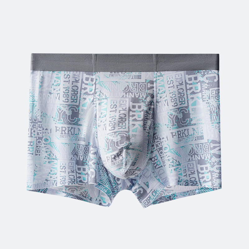 Light gray men's boxer briefs with abstract text pattern in mint and gray tones, featuring comfortable elastic waistband