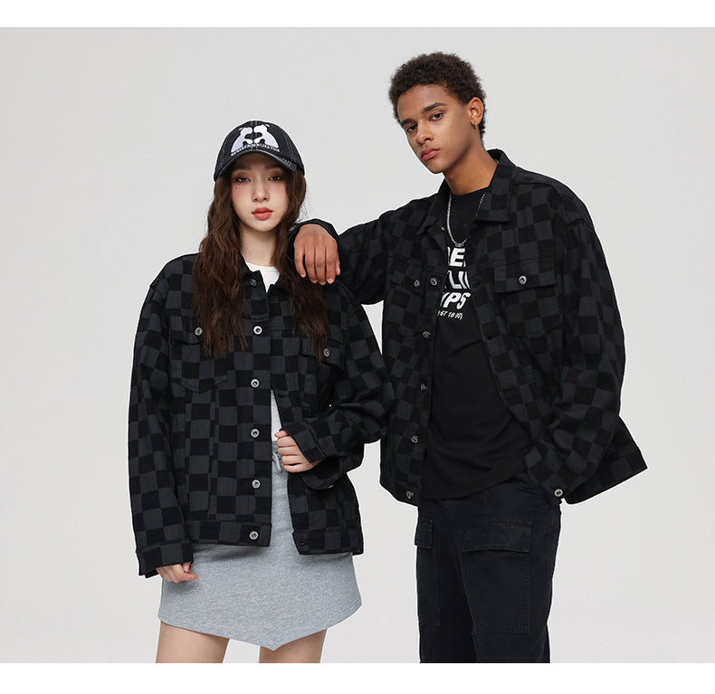 Black checkered utility jacket styled with casual streetwear looks on two models
