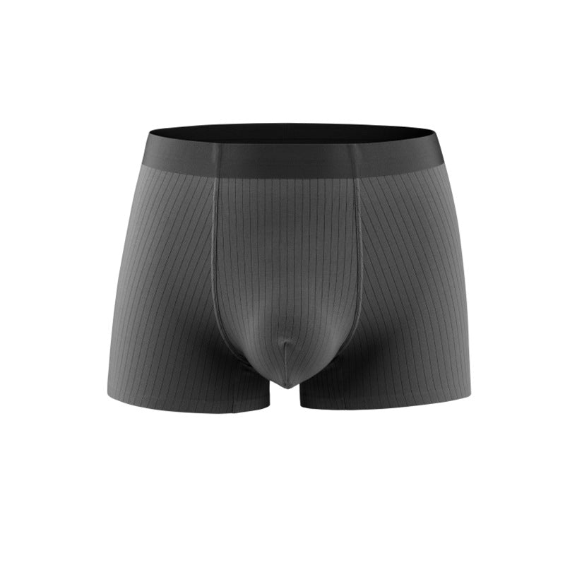 Charcoal gray boxer briefs with black elastic waistband displayed against white background. Features vertical ribbed pattern