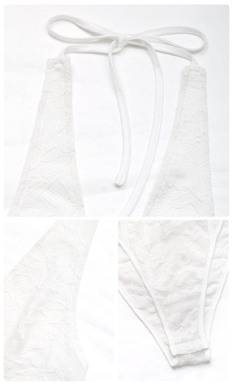 Detail shot of halter neck tie, mesh lace texture, and snap closure of white lace bodysuit.