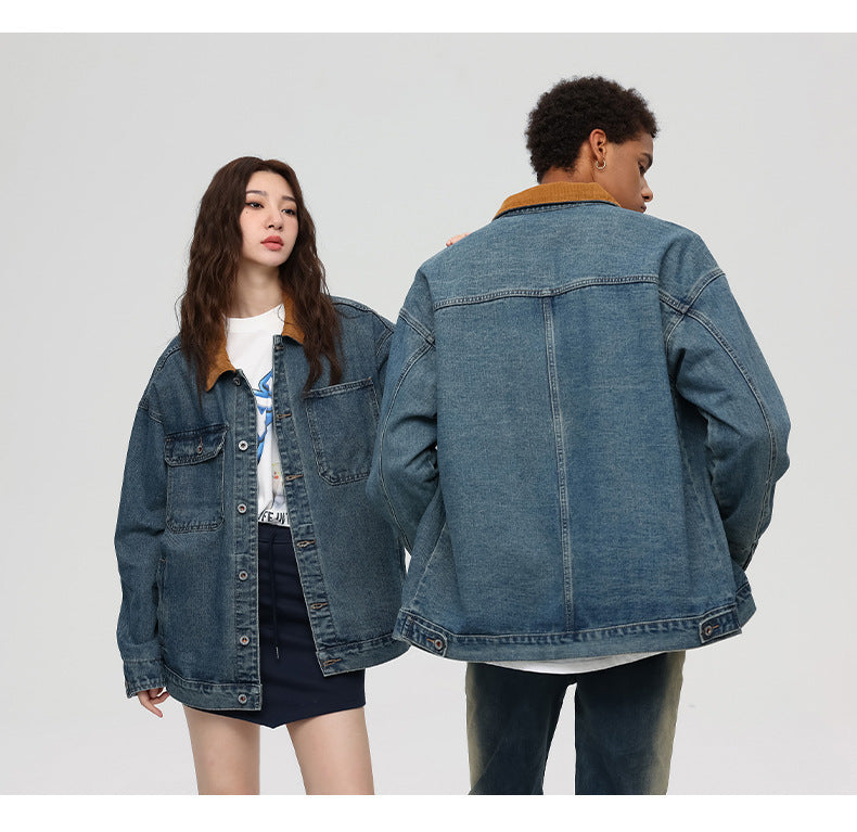 Two models wearing matching denim jackets with brown corduroy collars against white background