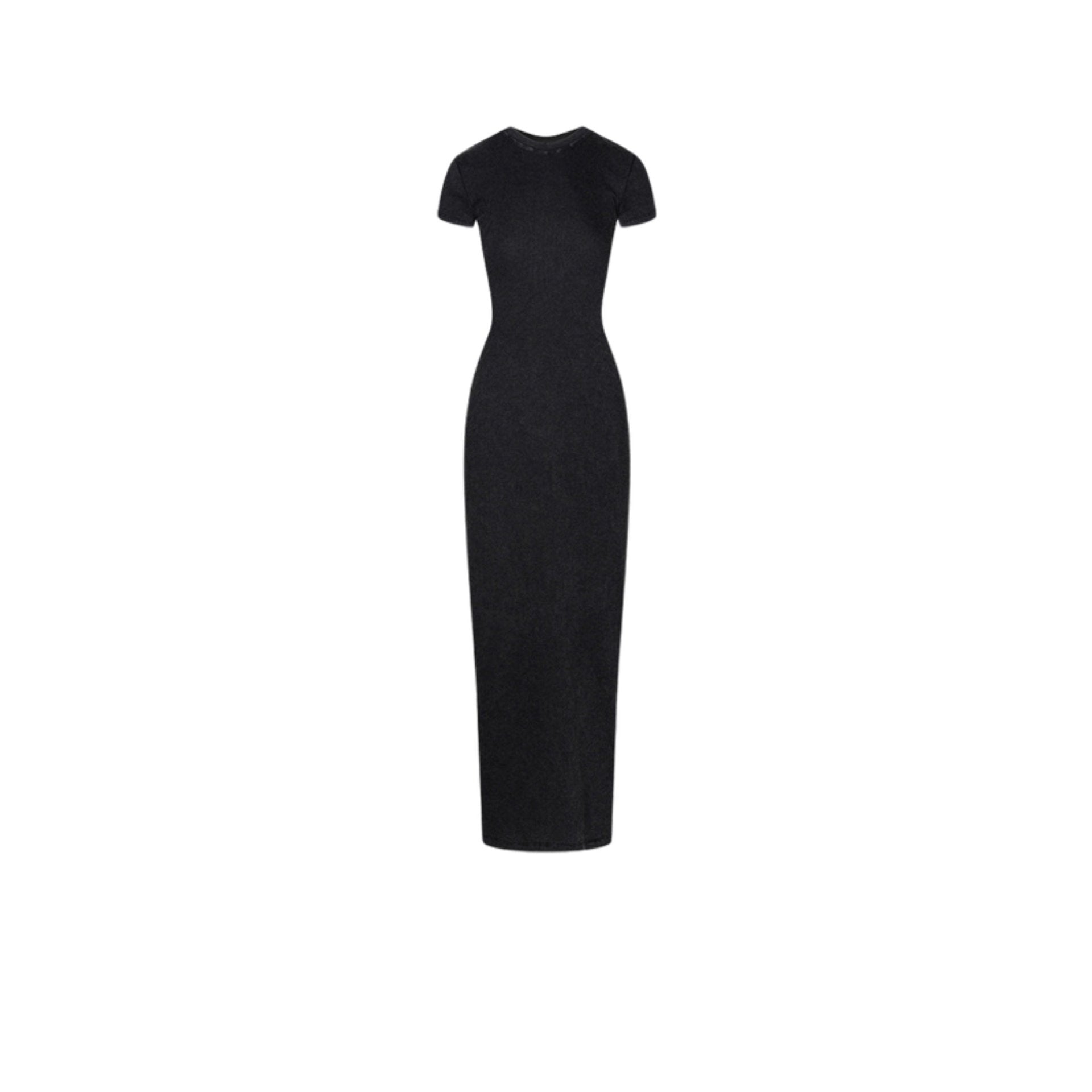 A classic black sleeveless maxi dress with a fitted silhouette, ideal for both casual and formal occasions.