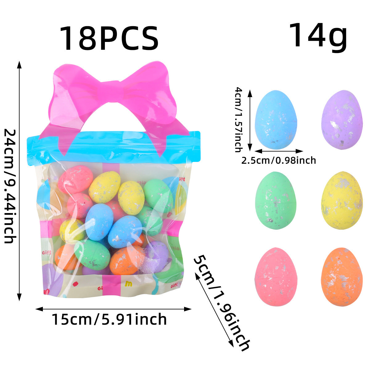  A resealable bag with 18 pastel-colored Easter eggs with metallic gold speckles, featuring a pink bow handle.