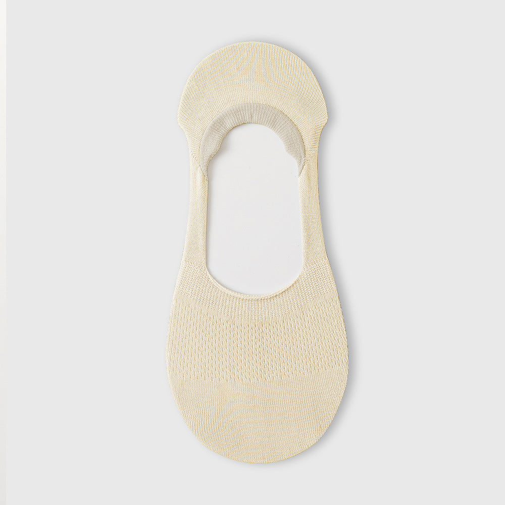 White no-show sock liner with breathable mesh pattern, displayed flat against white background
