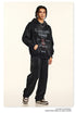 Black oversized hoodie with distressed 'Blessing Things' graphic text and matching sweatpants, shown in full outfit view