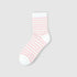 White fuzzy sock with delicate pink stripe pattern against white background