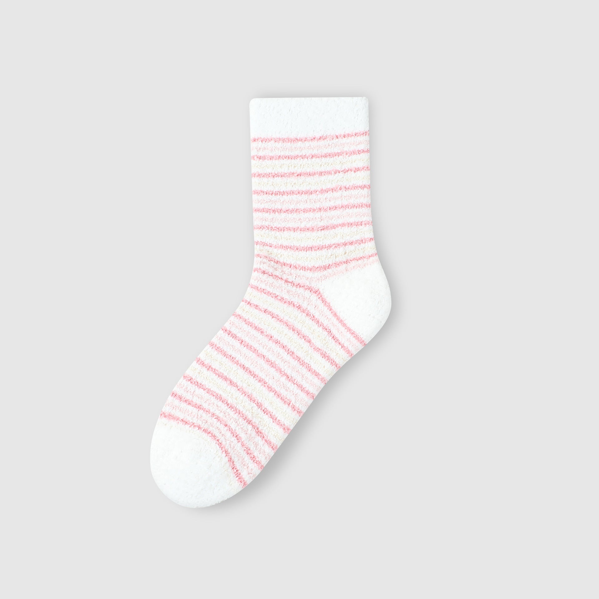 White fuzzy sock with delicate pink stripe pattern against white background