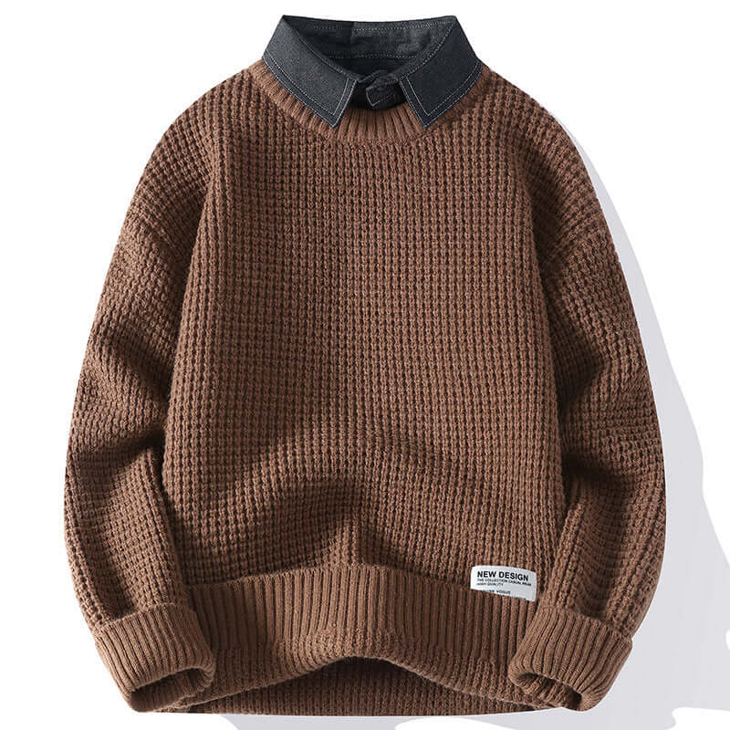 Brown waffle-knit sweater with dark collar detail