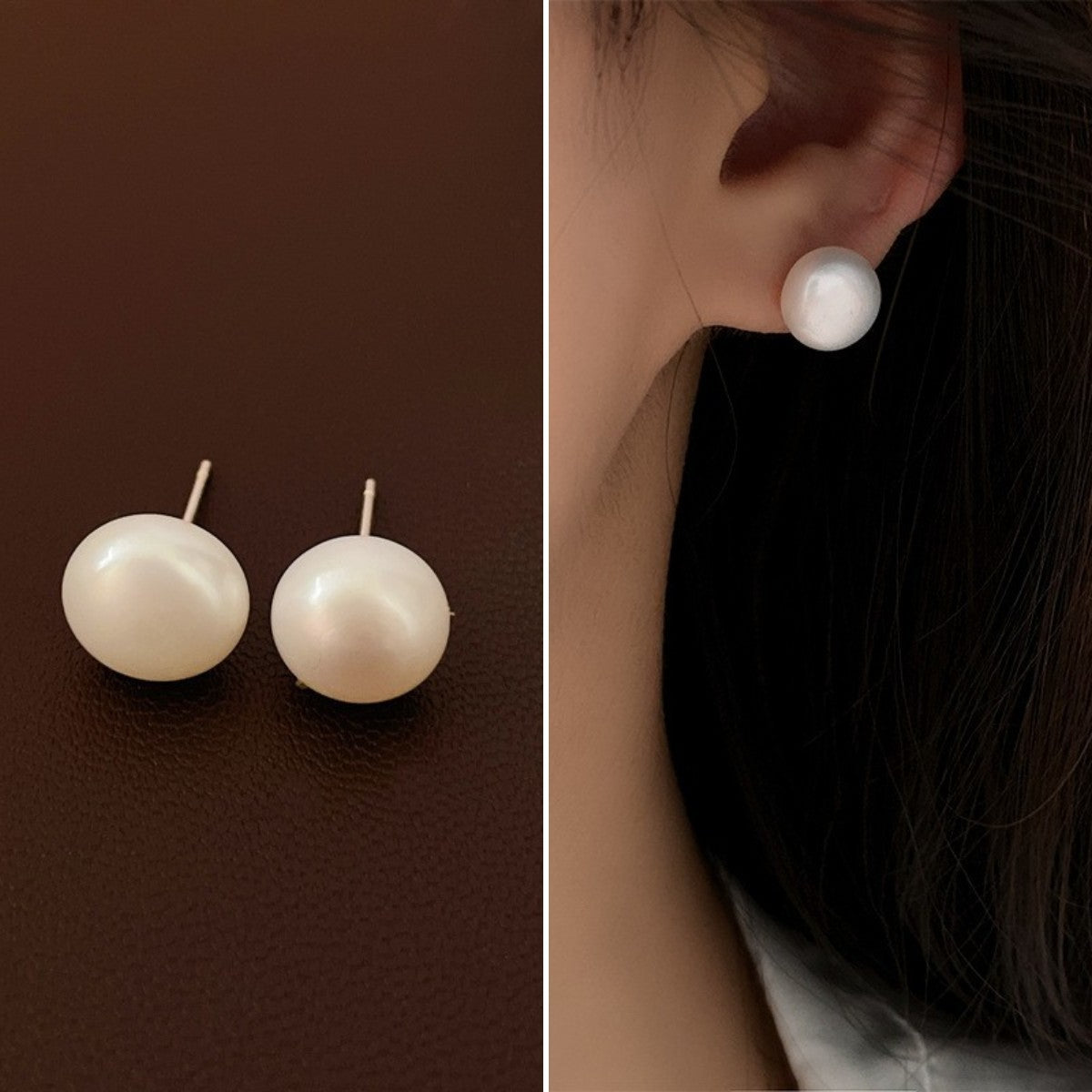Split view of pearl stud earring - worn on model and product shot on dark background