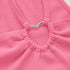 Close-up detail of pink ribbed crop top showing silver V-shaped metal connector and gathered elastic front with strap attachments