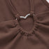 Close-up detail of brown ribbed crop top showing silver V-shaped metal connector and gathered elastic neckline construction