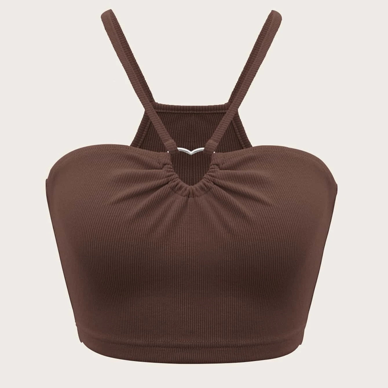 Ribbed chocolate brown crop top with adjustable shoulder straps and gathered sweetheart neckline featuring silver V-shaped hardware detail
