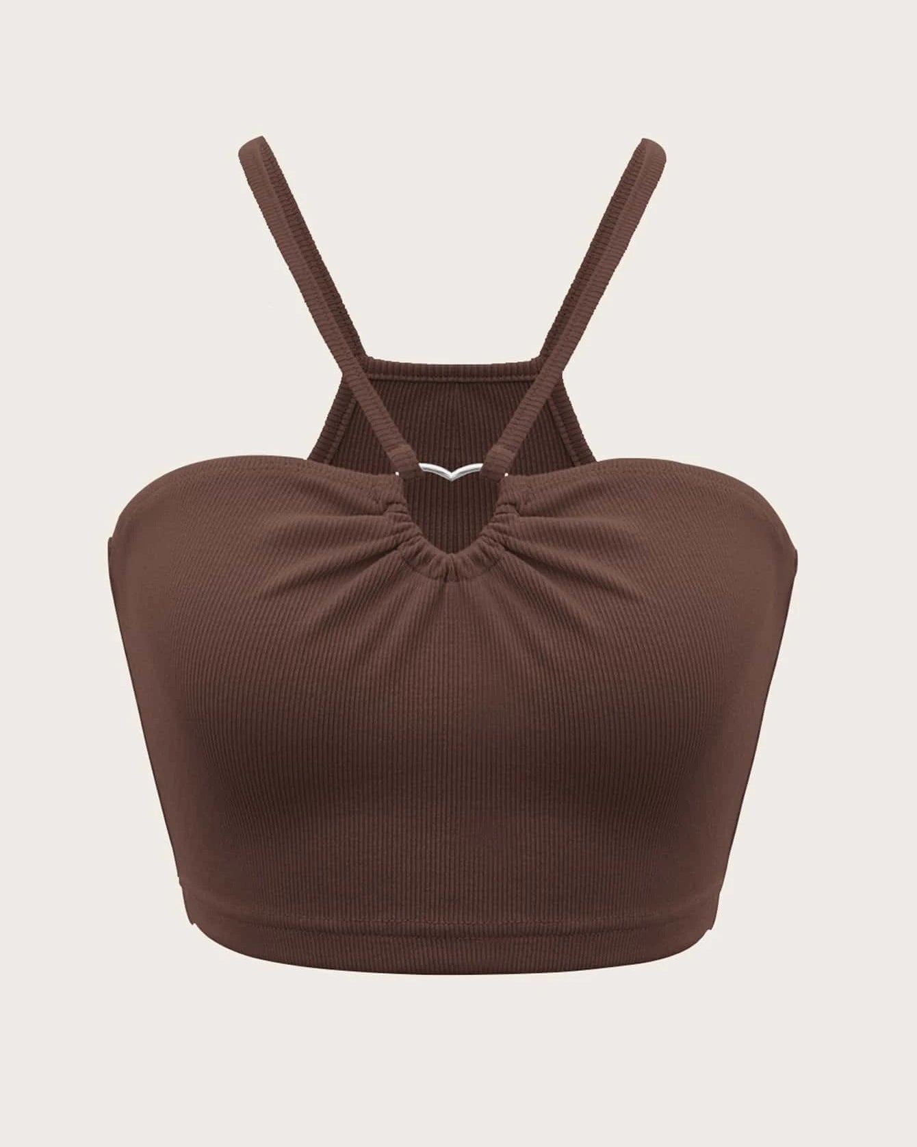 Ribbed chocolate brown crop top with adjustable shoulder straps and gathered sweetheart neckline featuring silver V-shaped hardware detail