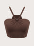 Ribbed chocolate brown crop top with adjustable shoulder straps and gathered sweetheart neckline featuring silver V-shaped hardware detail