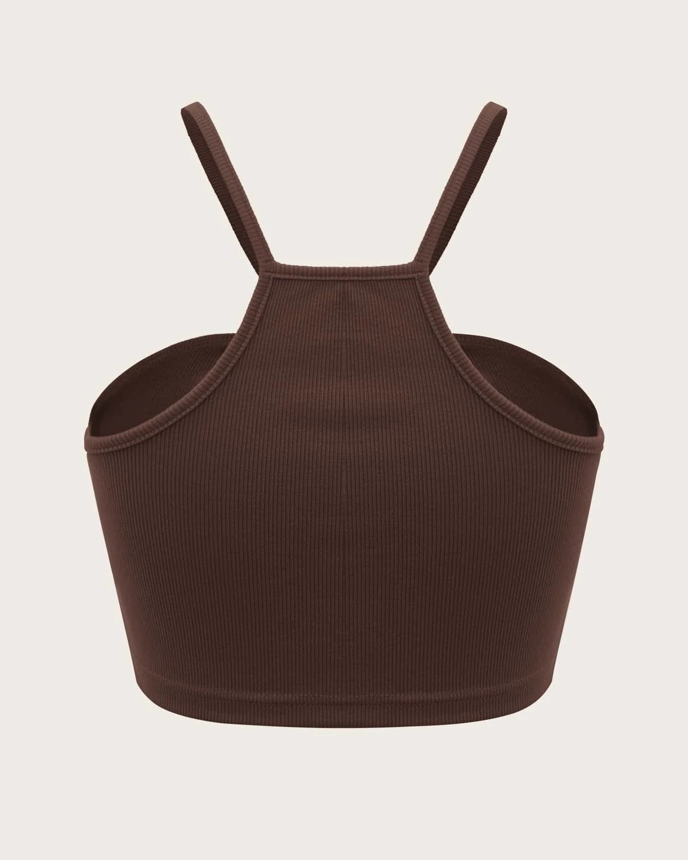 Brown ribbed crop top shown from back view with racerback strap design and stretchy ribbed fabric displayed against neutral background