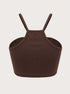 Brown ribbed crop top shown from back view with racerback strap design and stretchy ribbed fabric displayed against neutral background