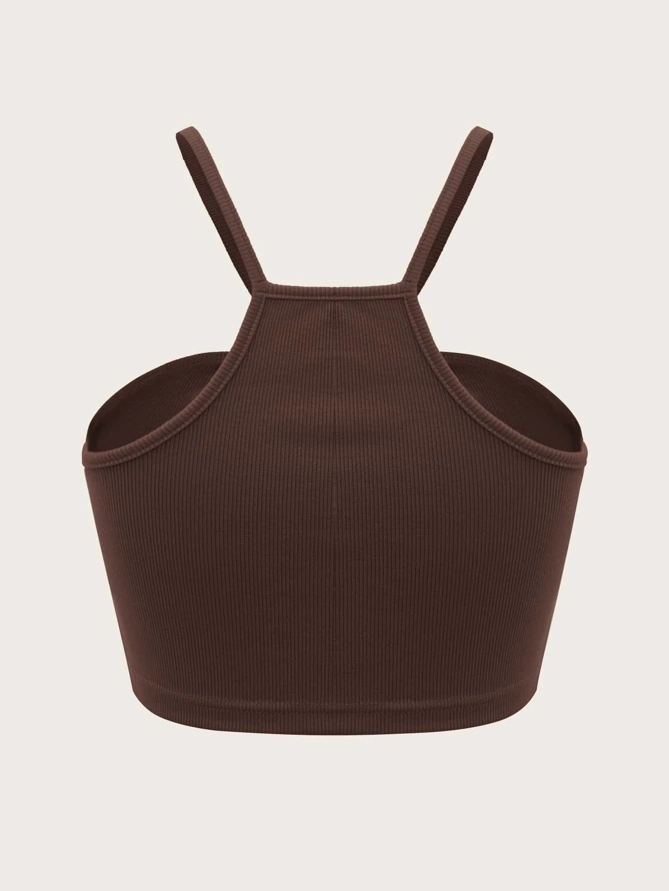 Brown ribbed crop top shown from back view with racerback strap design and stretchy ribbed fabric displayed against neutral background