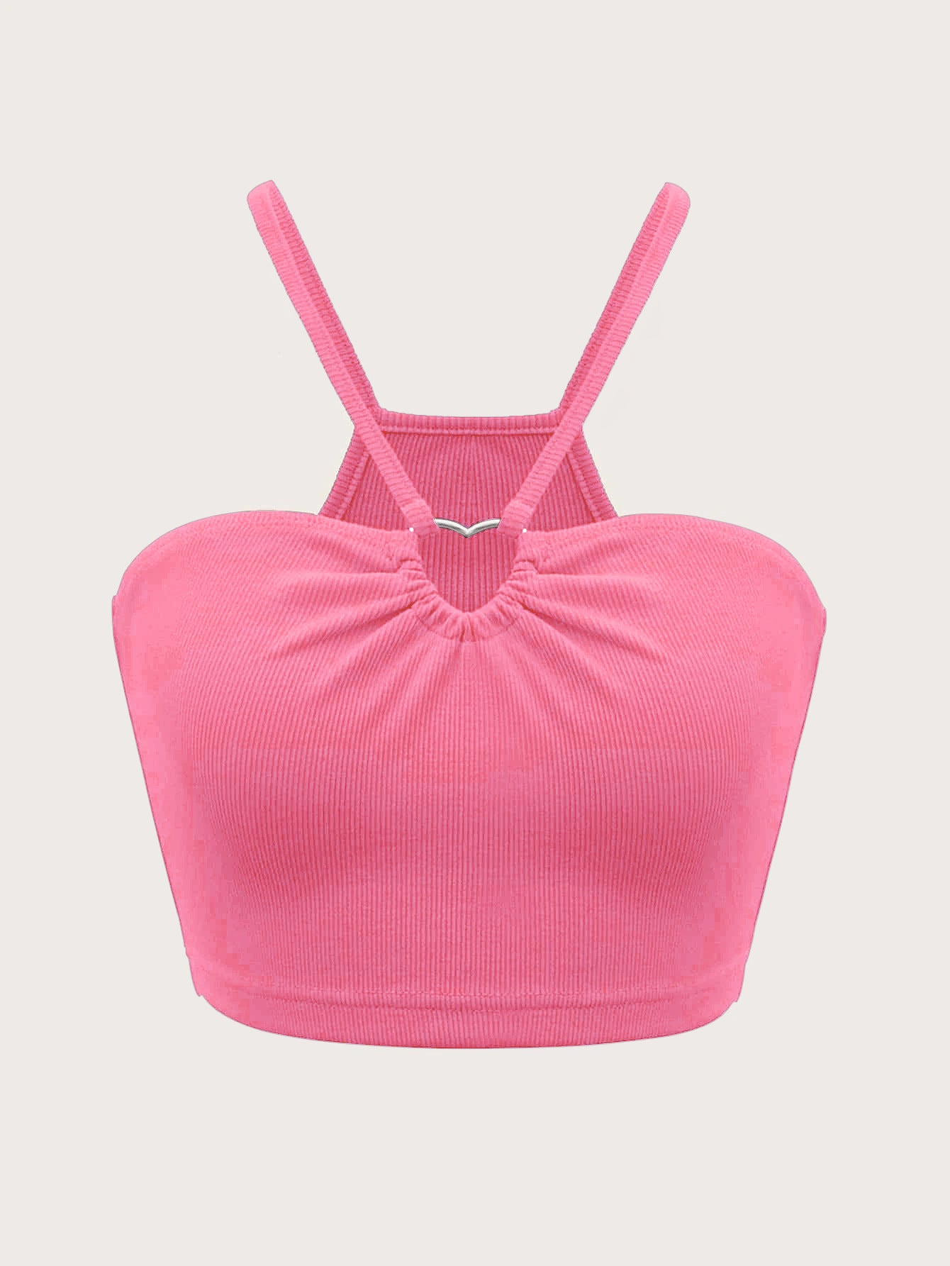 Pink ribbed crop top with adjustable shoulder straps and gathered sweetheart neckline featuring silver V-shaped hardware accent