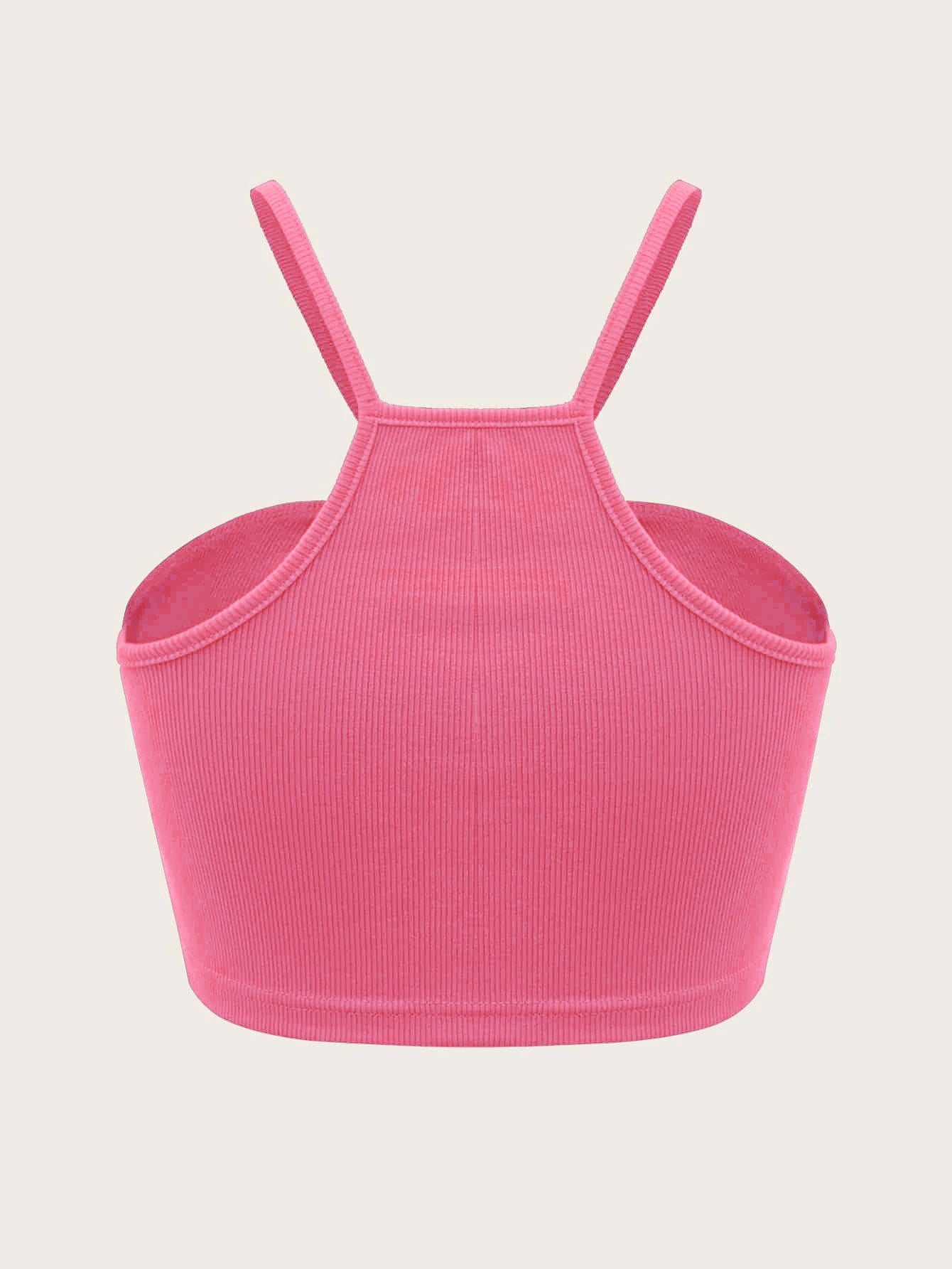 Pink ribbed crop top shown from back view with racerback design and elastic trim displayed against clean white background