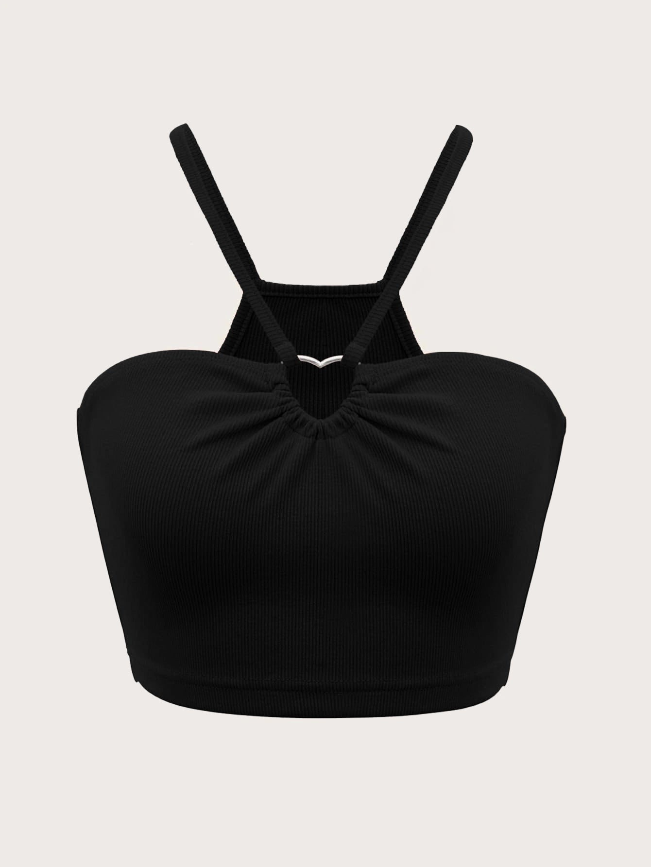 Black ribbed crop top with adjustable shoulder straps and gathered sweetheart neckline featuring silver V-shaped hardware detail