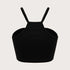 Black ribbed crop top shown from back view with racerback strap design and stretchy fabric displayed against neutral background