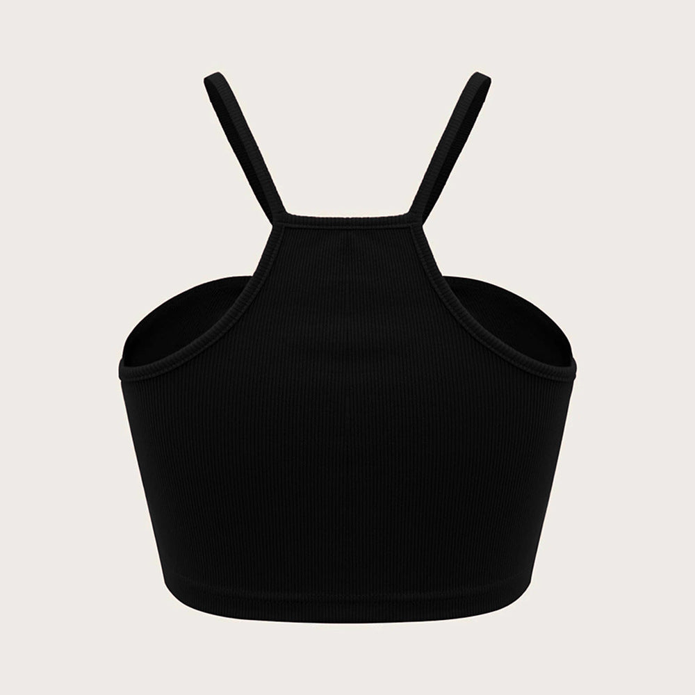 Black ribbed crop top shown from back view with racerback strap design and stretchy fabric displayed against neutral background