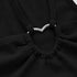 Close-up detail of black ribbed crop top showing silver V-shaped metal connector and gathered elastic neckline construction