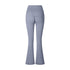 A flat product photo of light gray flared yoga pants with a high waistband and ruched center seam detail, shown against a white background