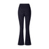 A product photo of black flared yoga pants with a high-rise waistband and ruched center detail, displayed flat against a white background