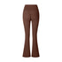 A product photo of brown flared yoga pants with a high waistband and ruched center seam detail, displayed against a white background