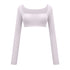 White long-sleeve crop top with ruched center detail and square neckline shown on plain background