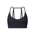 A black strappy sports bra with ruched center detail and slim double back straps displayed on white background