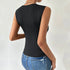 Back view of fitted black tank top, showing ribbed texture detail, paired with light wash distressed jeans