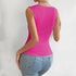Back view of pink tank top showing fitted ribbed texture, paired with high-waisted light denim