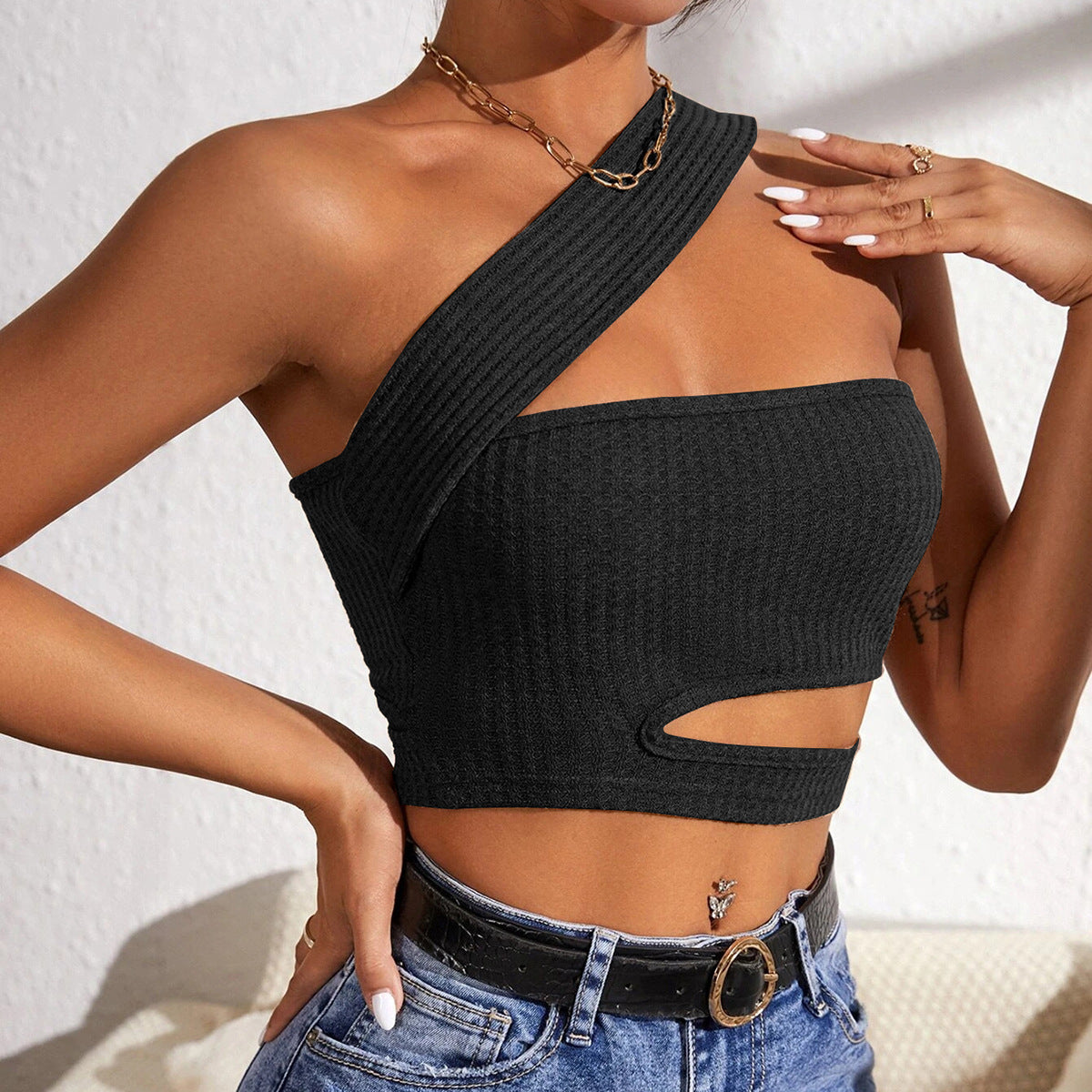 One-Shoulder Ribbed Cutout Crop Top